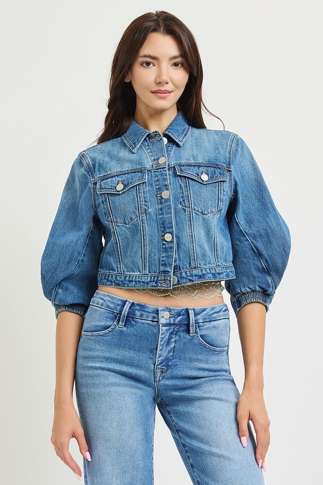 Risen Cropped Denim Jacket with Three-Quarter Balloon Sleeves