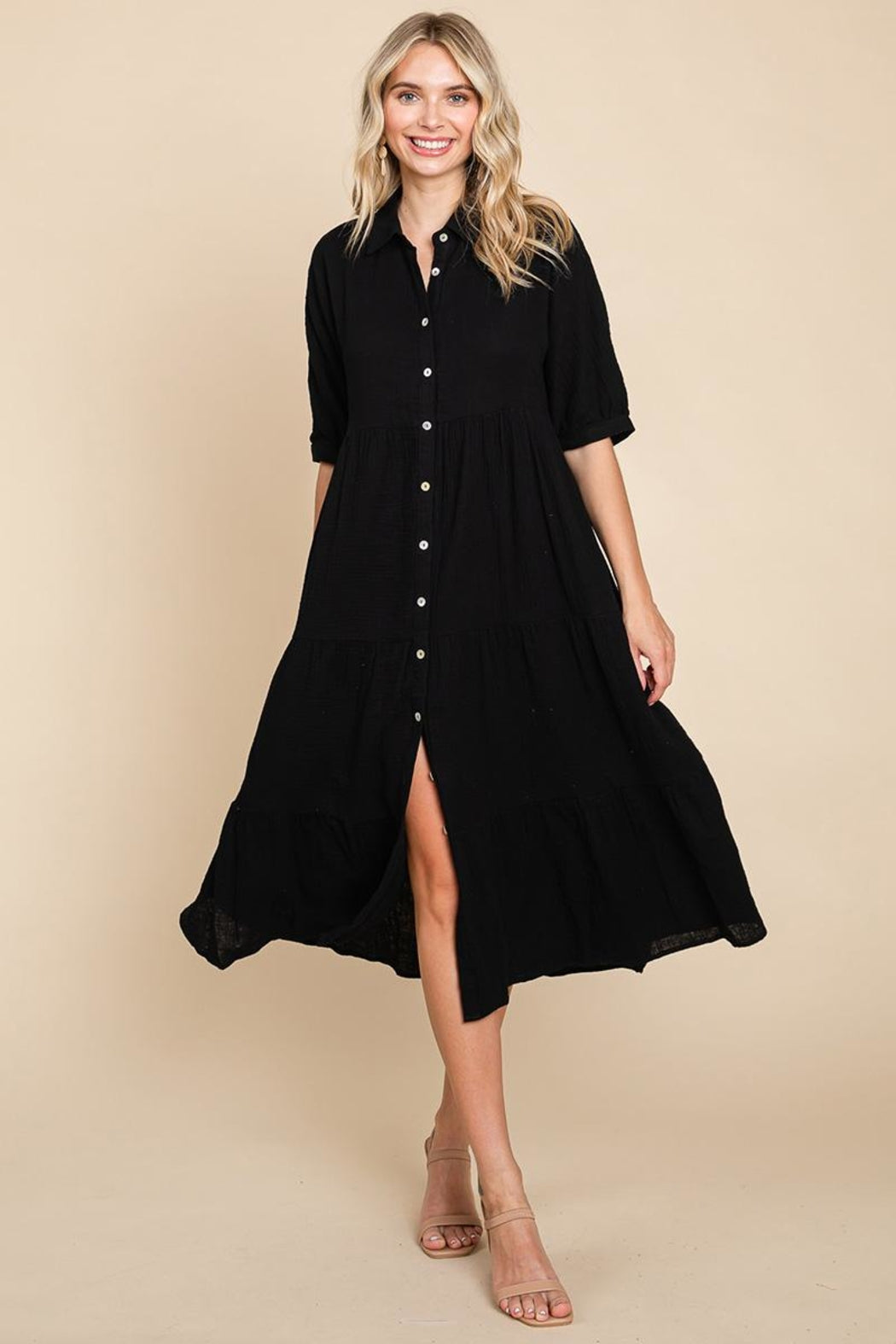 Double Gauze Tiered Cotton Midi Shirt Dress