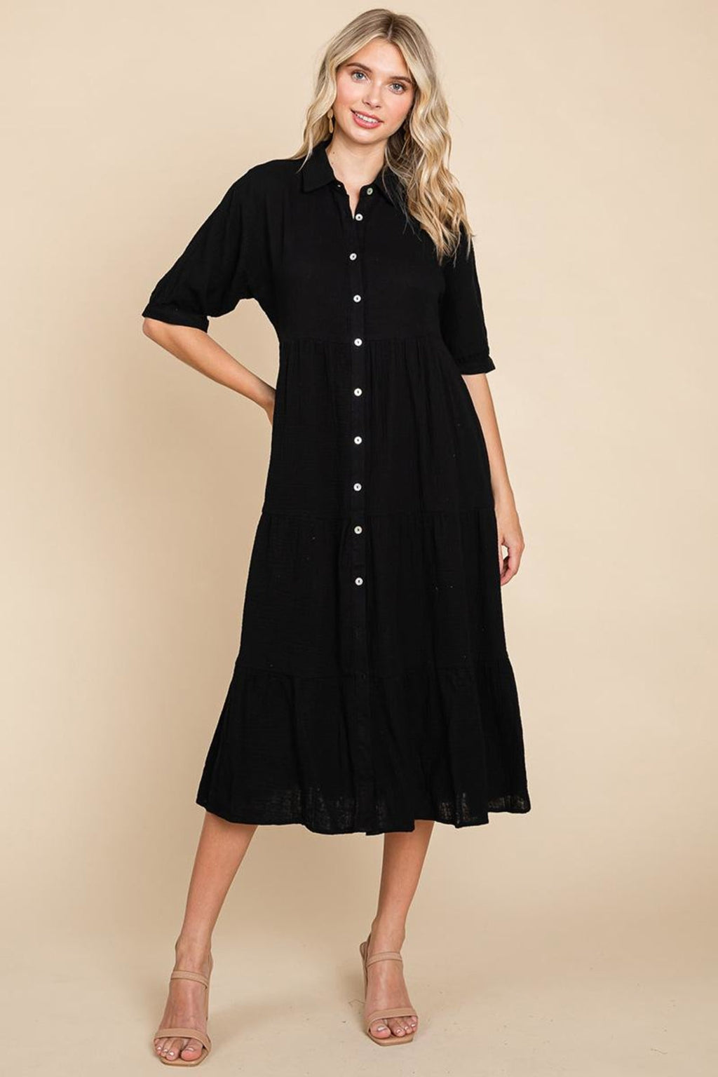 Double Gauze Tiered Cotton Midi Shirt Dress