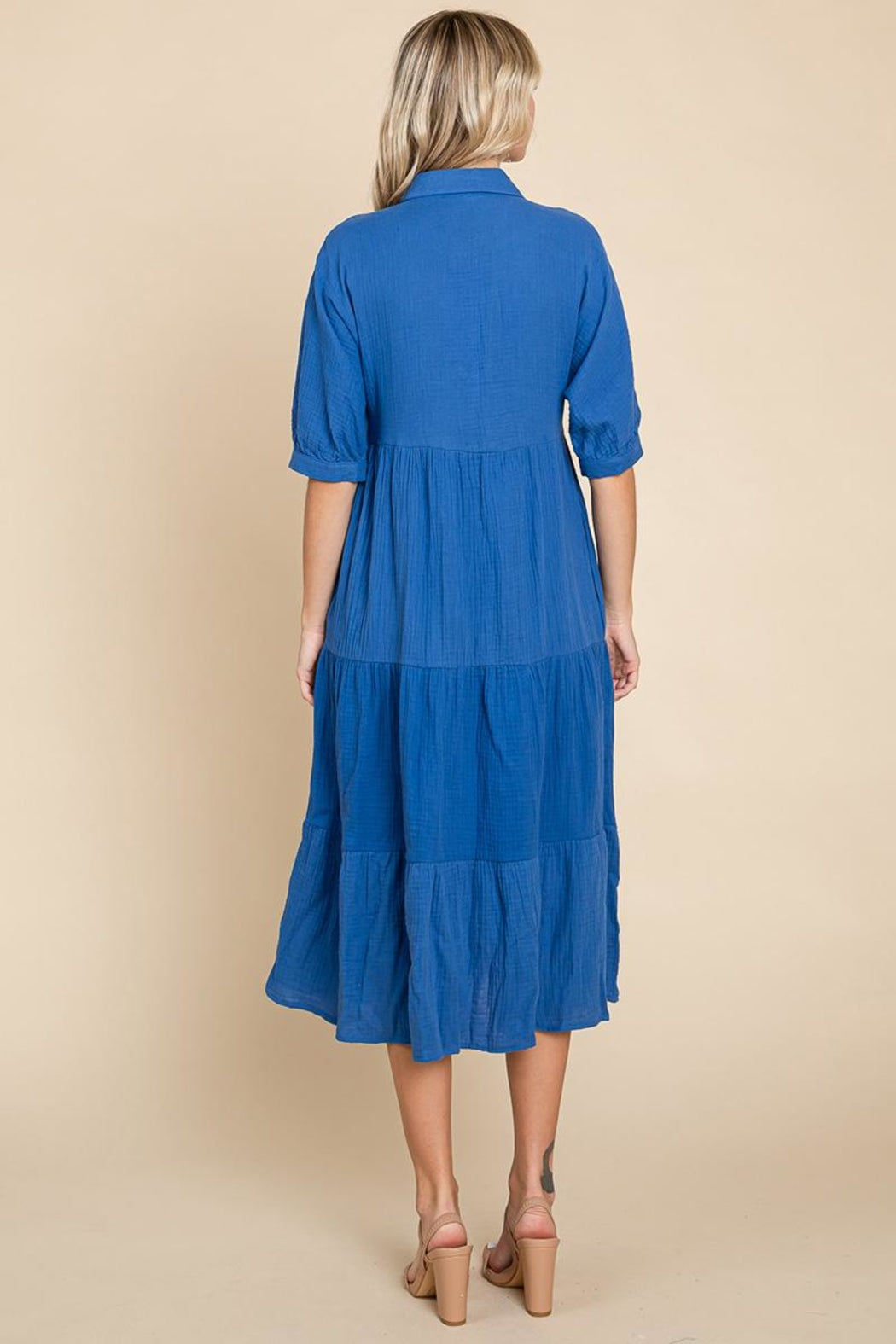 Double Gauze Tiered Cotton Midi Shirt Dress