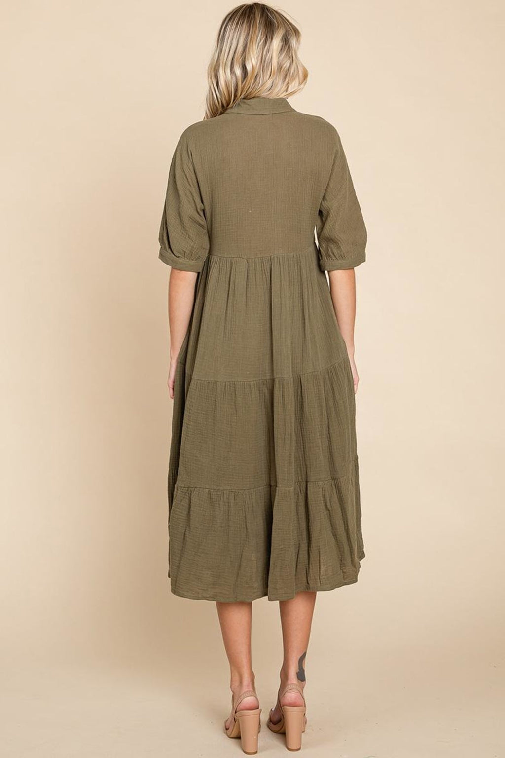 Double Gauze Tiered Cotton Midi Shirt Dress