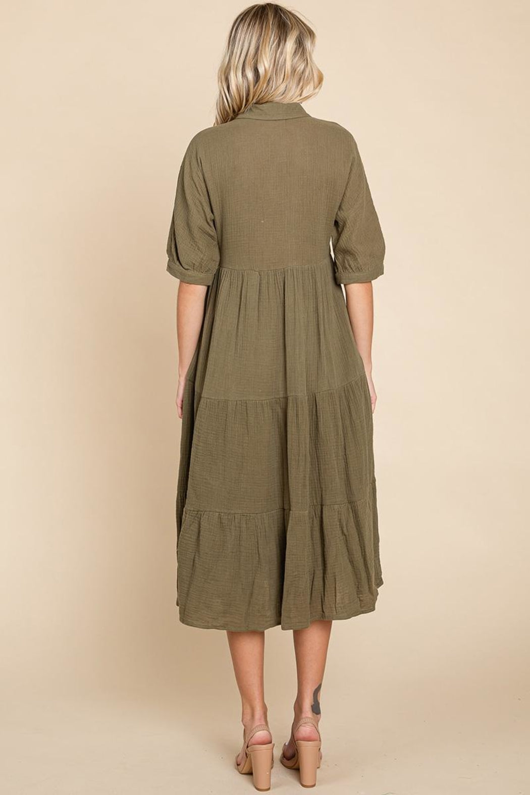 Double Gauze Tiered Cotton Midi Shirt Dress