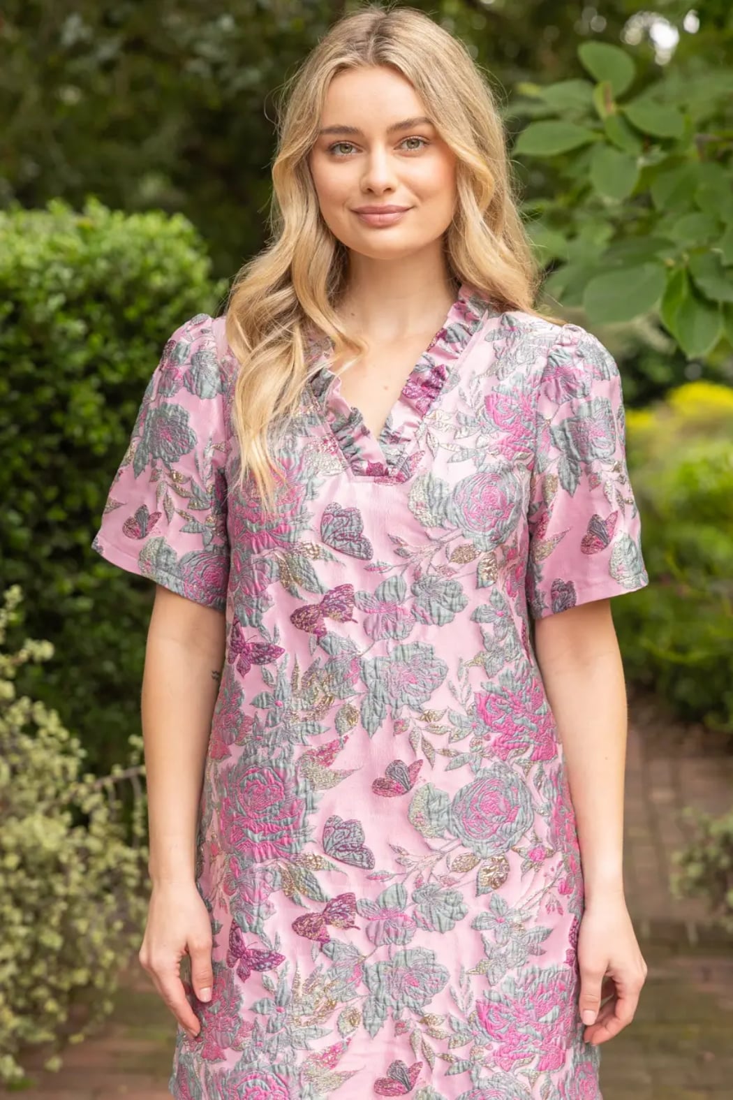 Ruffled V Neck Floral Jacquard Dress