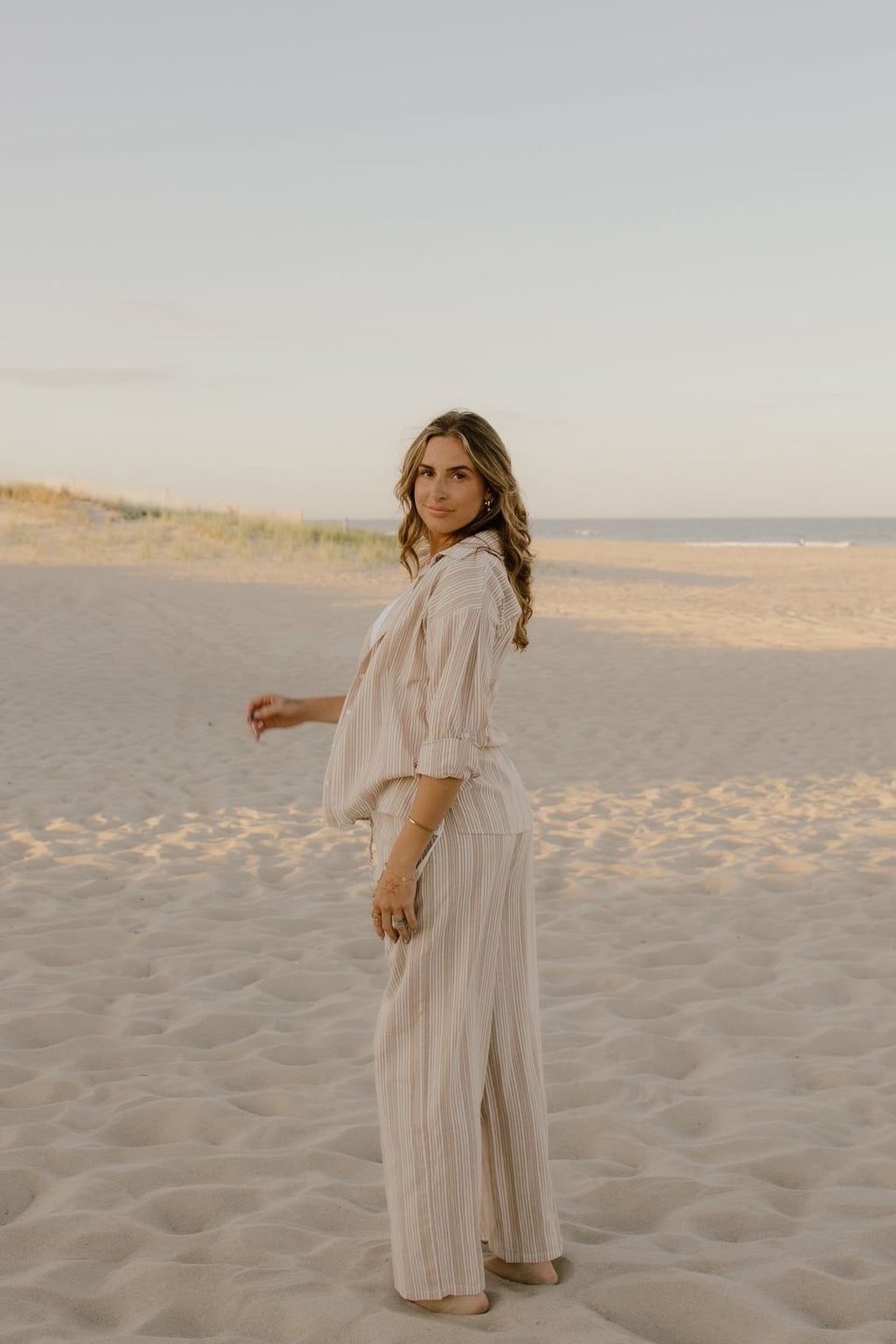Sand Striped Drawstring Wide Leg Pants