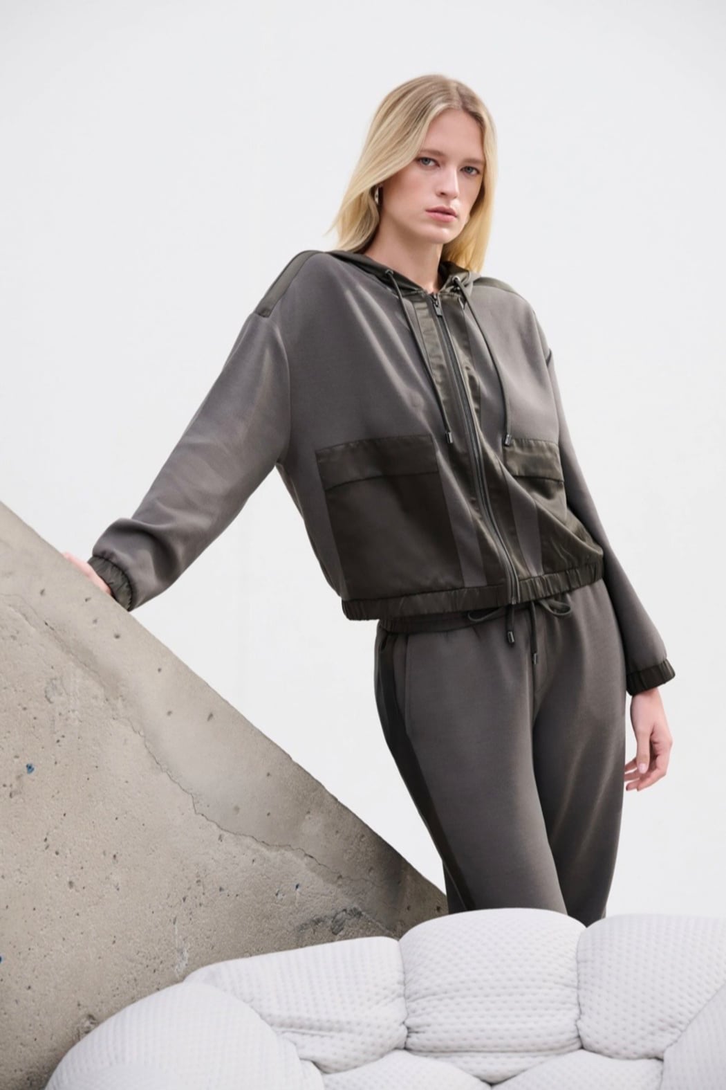 Scuba Jersey and Satin Hooded Boxy Jacket