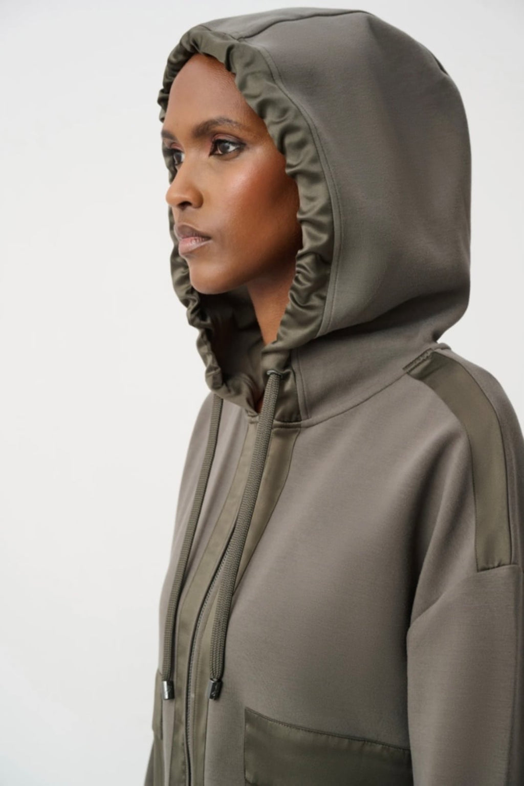 Scuba Jersey and Satin Hooded Boxy Jacket