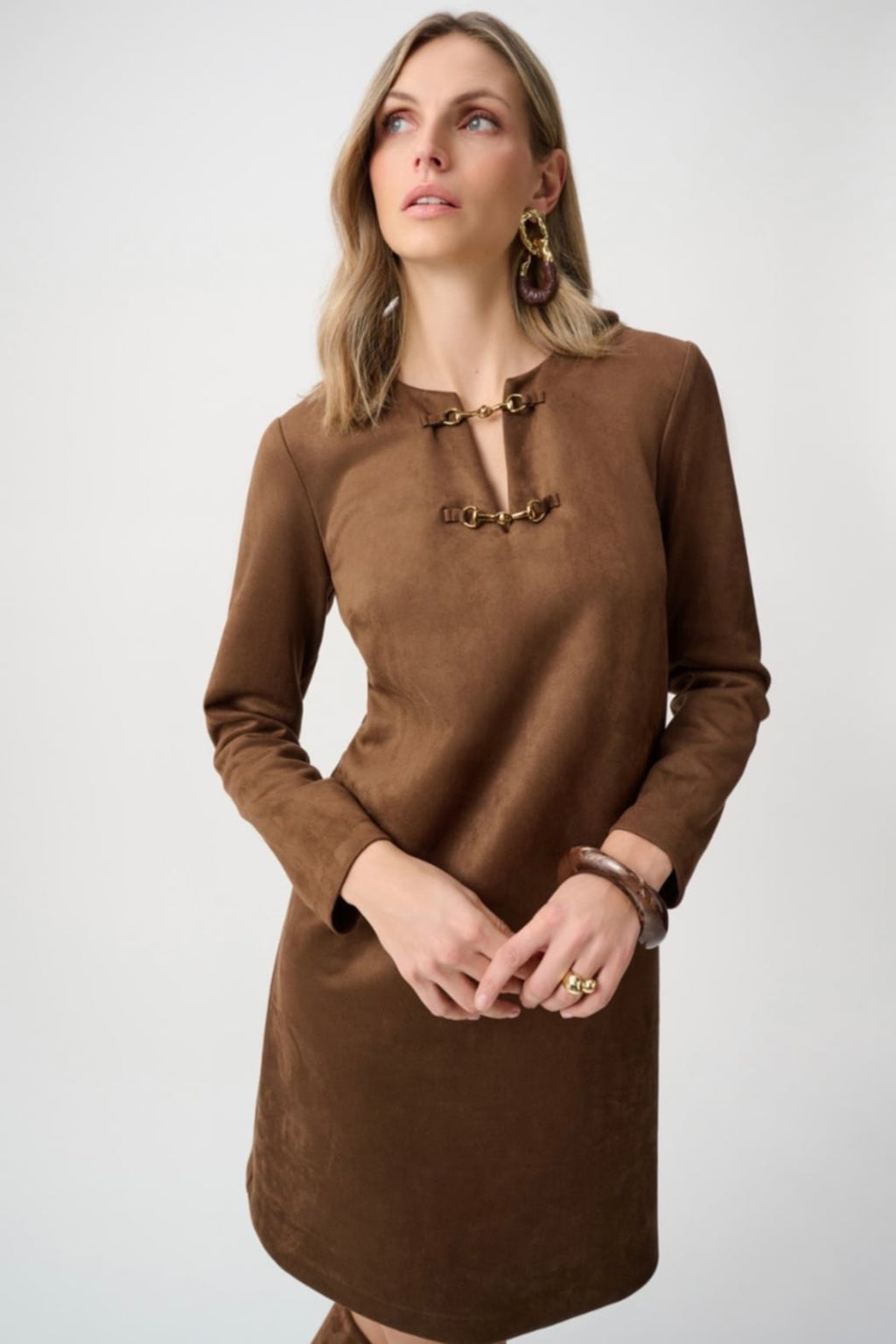 Scuba Suede Notched-Neck Straight Dress
