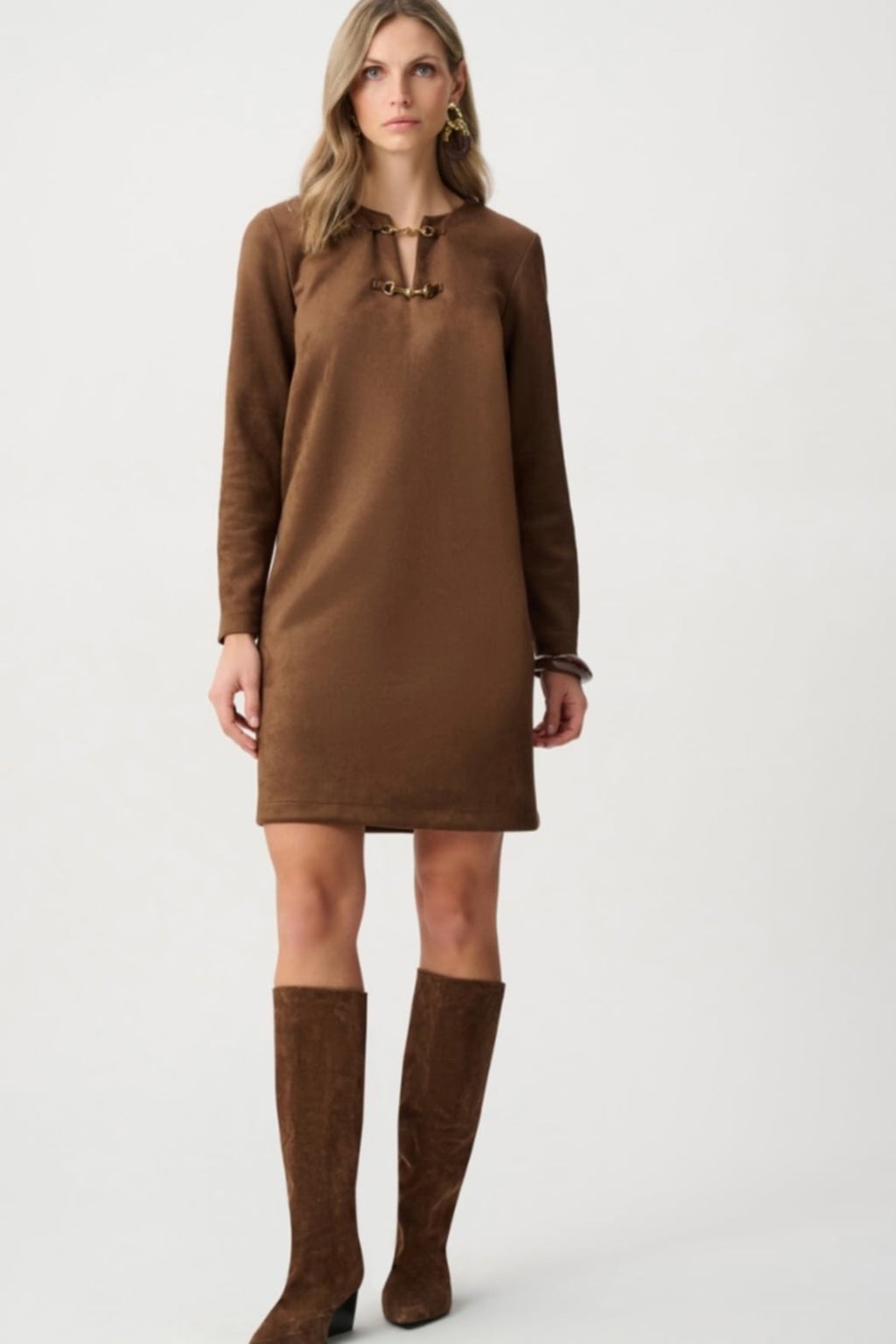 Scuba Suede Notched-Neck Straight Dress