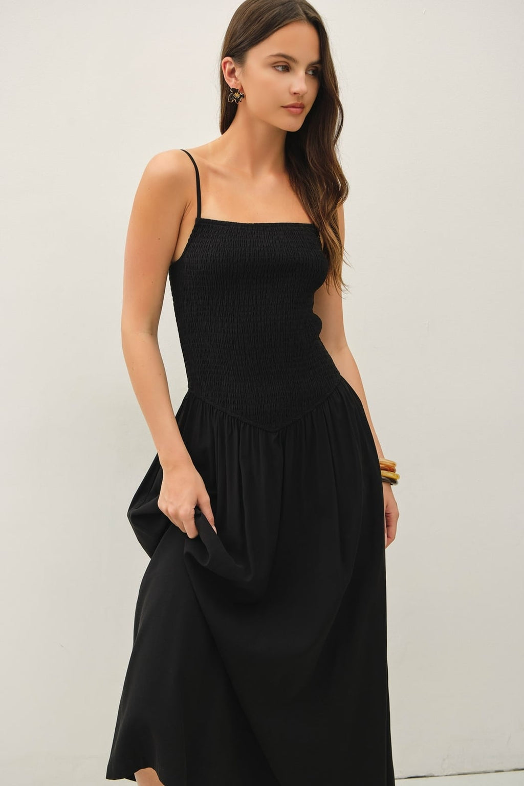 Smocked Bodice Dropped Waist Maxi Dress