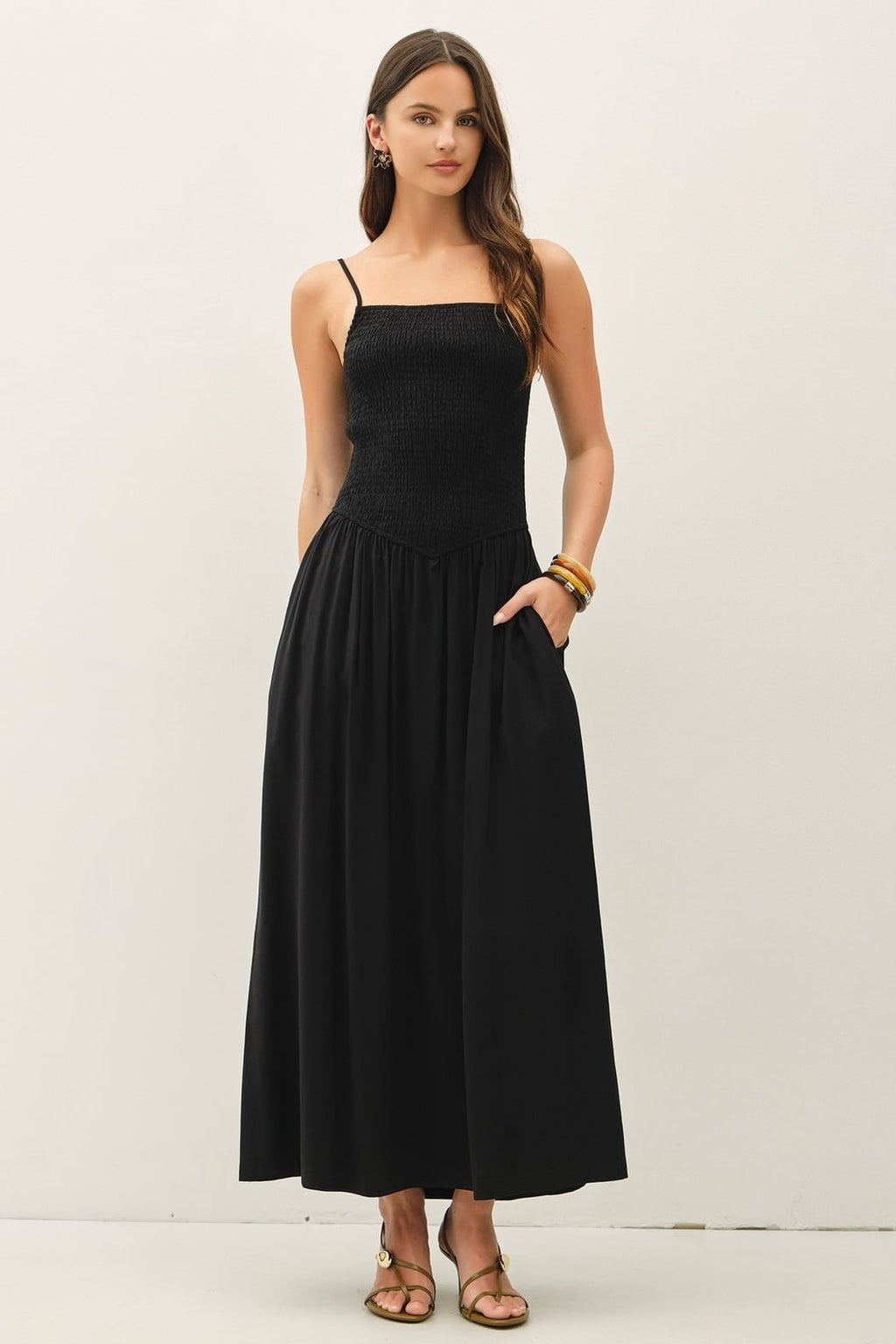 Smocked Bodice Dropped Waist Maxi Dress