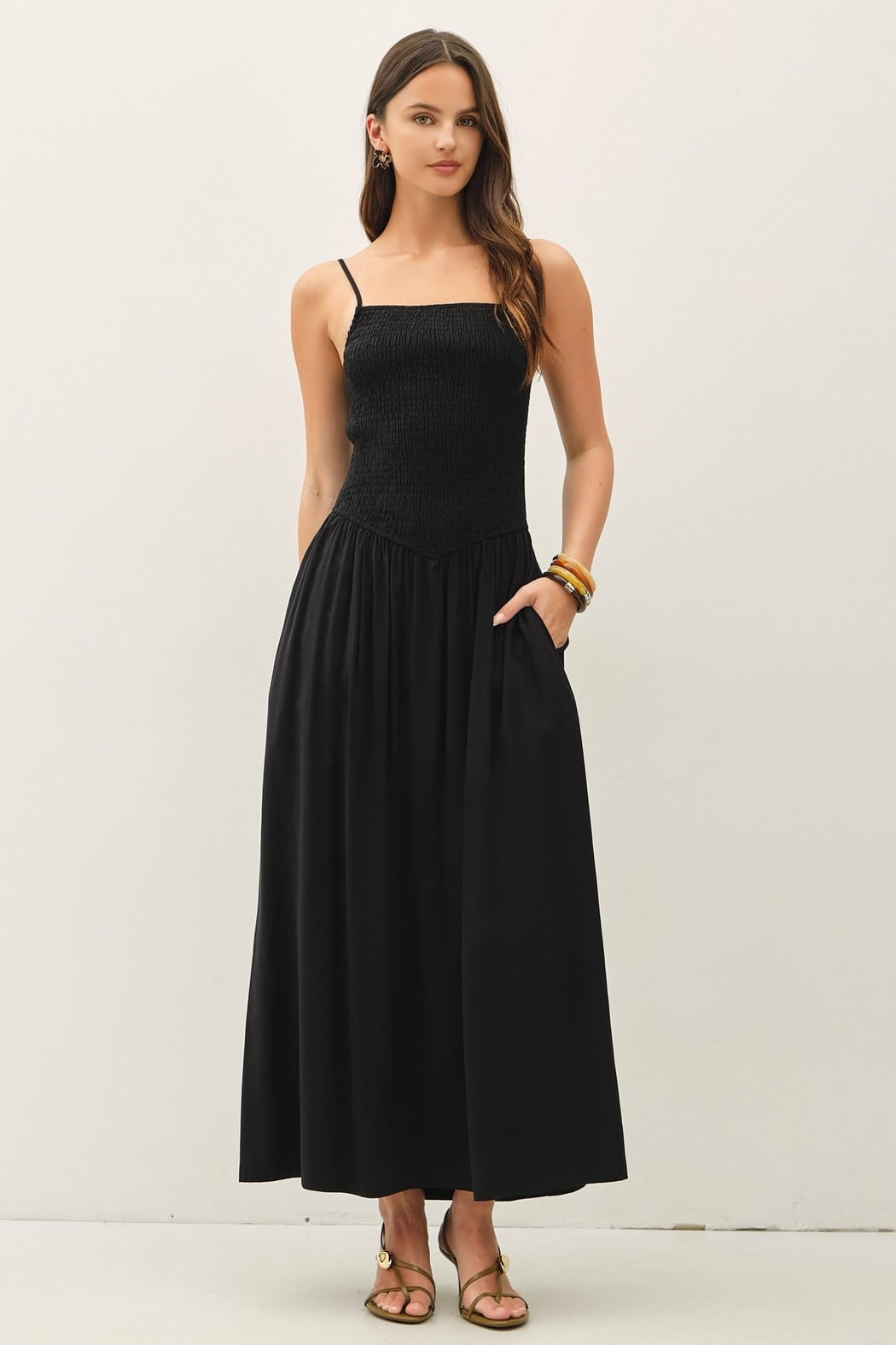 Smocked Bodice Dropped Waist Maxi Dress