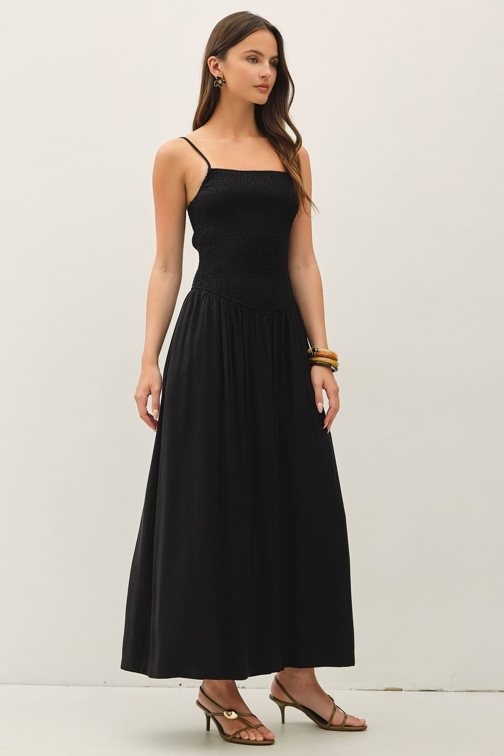 Smocked Bodice Dropped Waist Maxi Dress