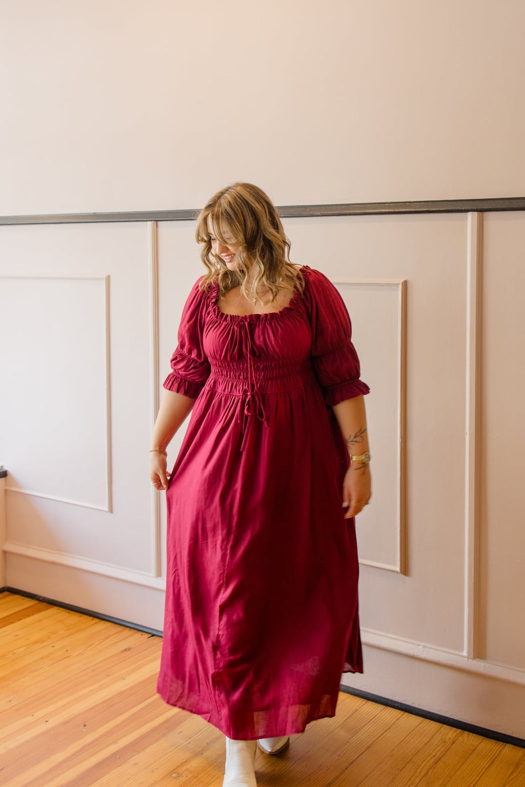 Smocked Midi Dress with Pleated Skirt