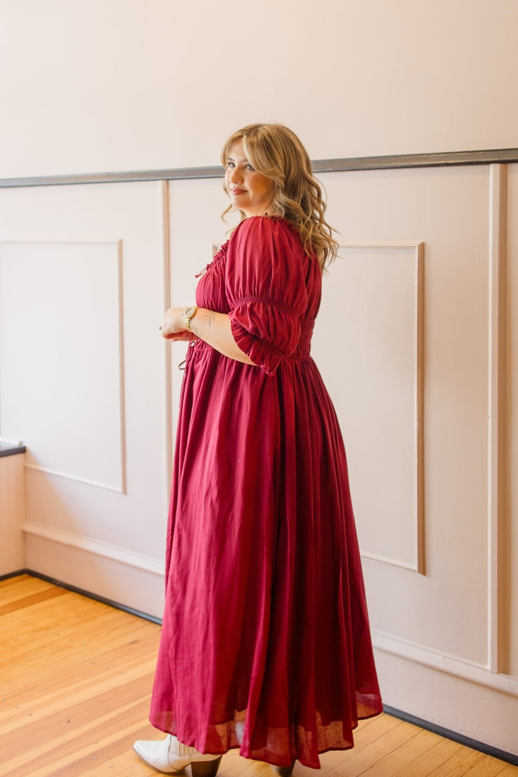 Smocked Midi Dress with Pleated Skirt