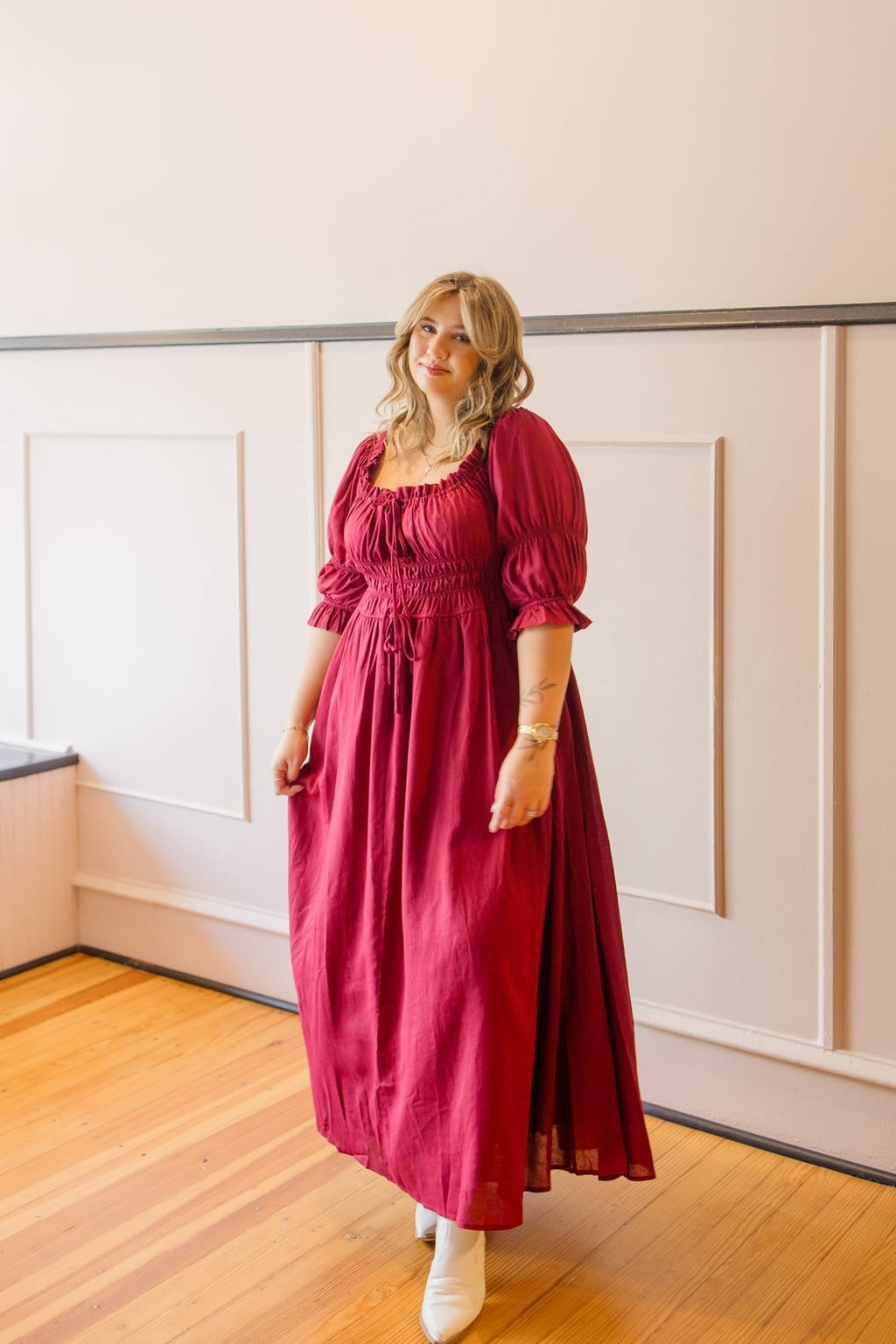 Smocked Midi Dress with Pleated Skirt