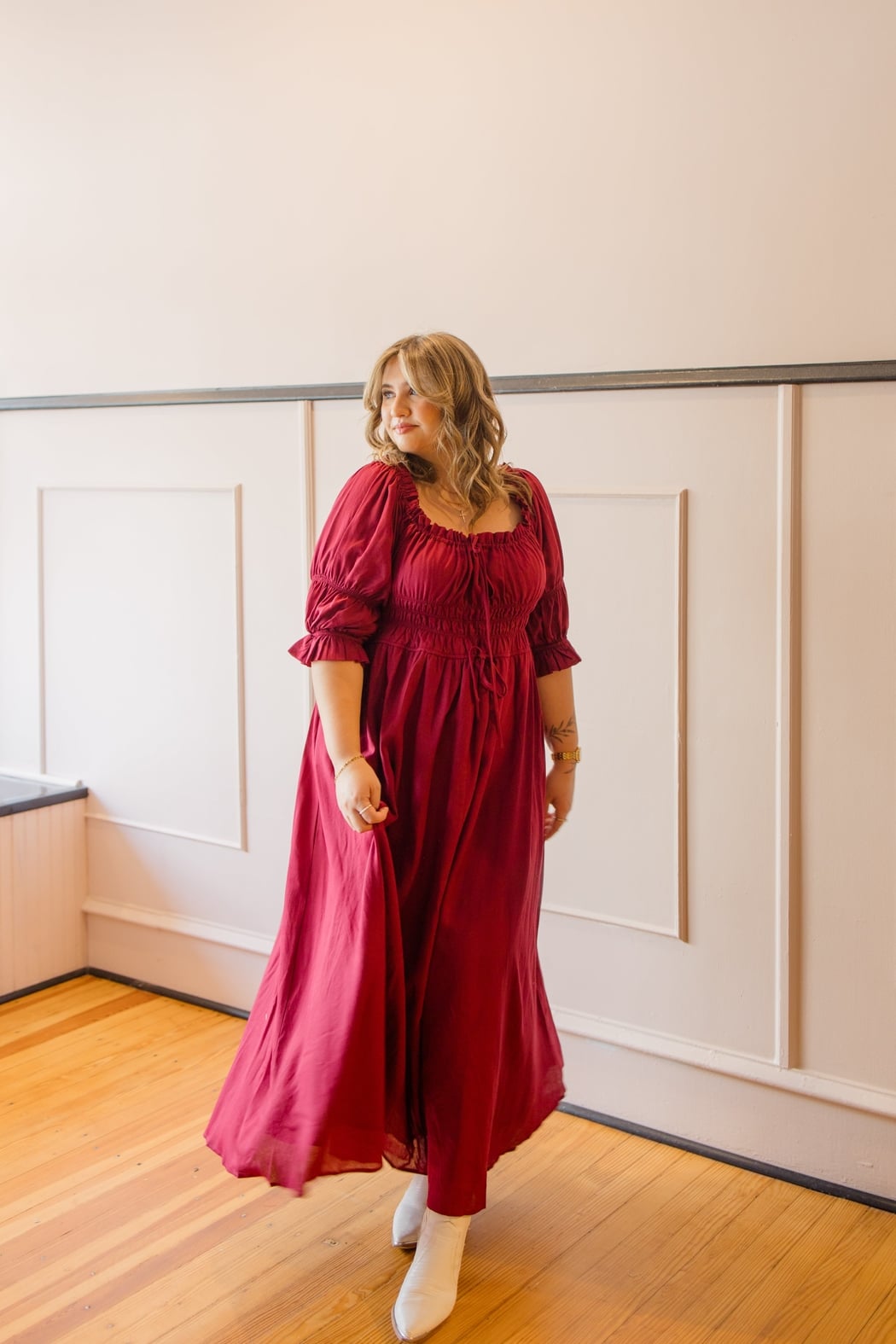 Smocked Midi Dress with Pleated Skirt