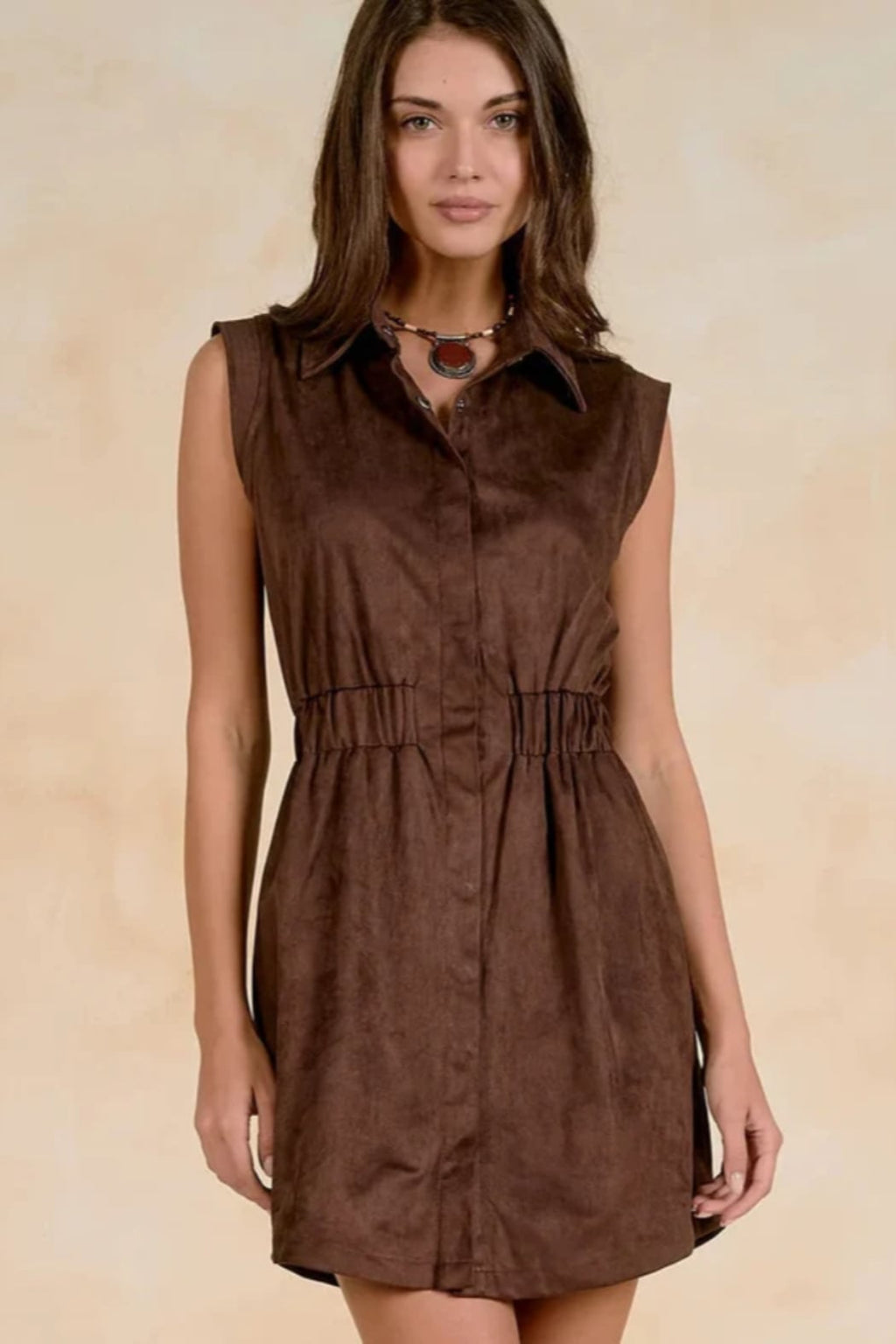 Stella Gathered Waistband Mini Dress in Rich Chocolate