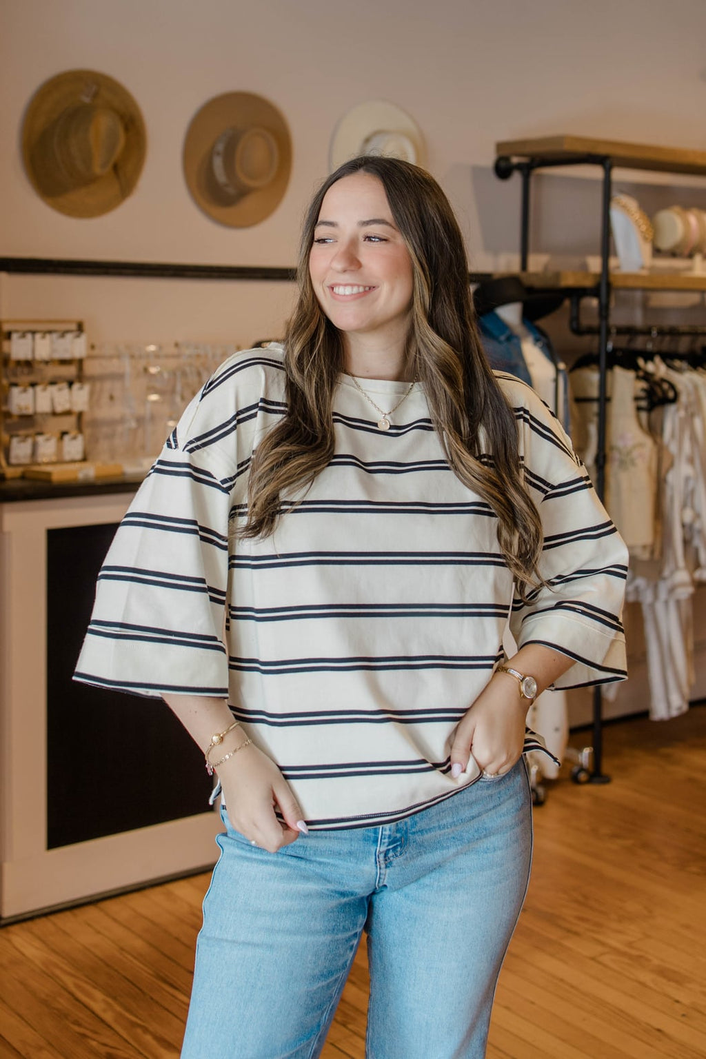 Stripe Cuff Sleeve Oversized Knit Top