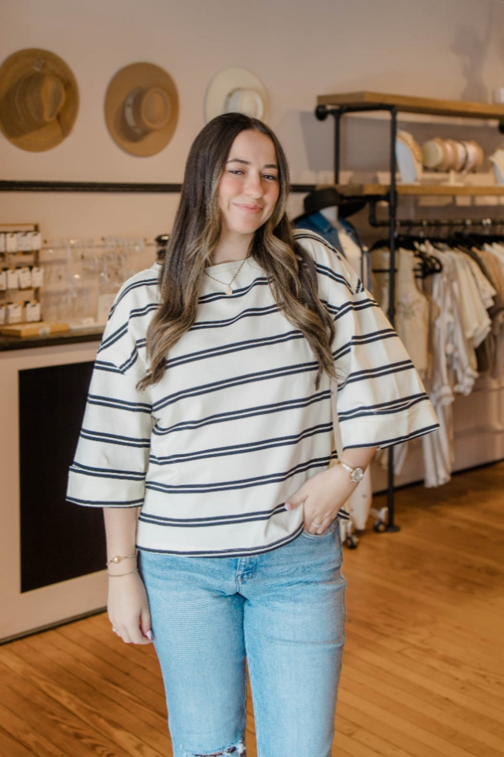 Stripe Cuff Sleeve Oversized Knit Top