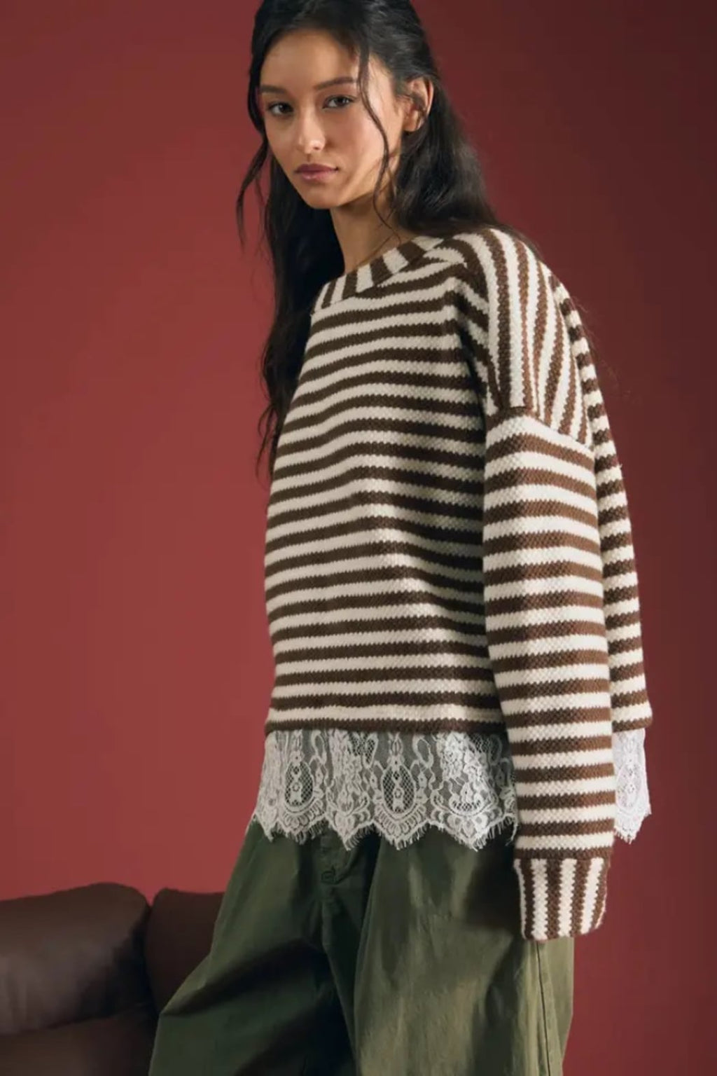 Stripe Lace Hem Top