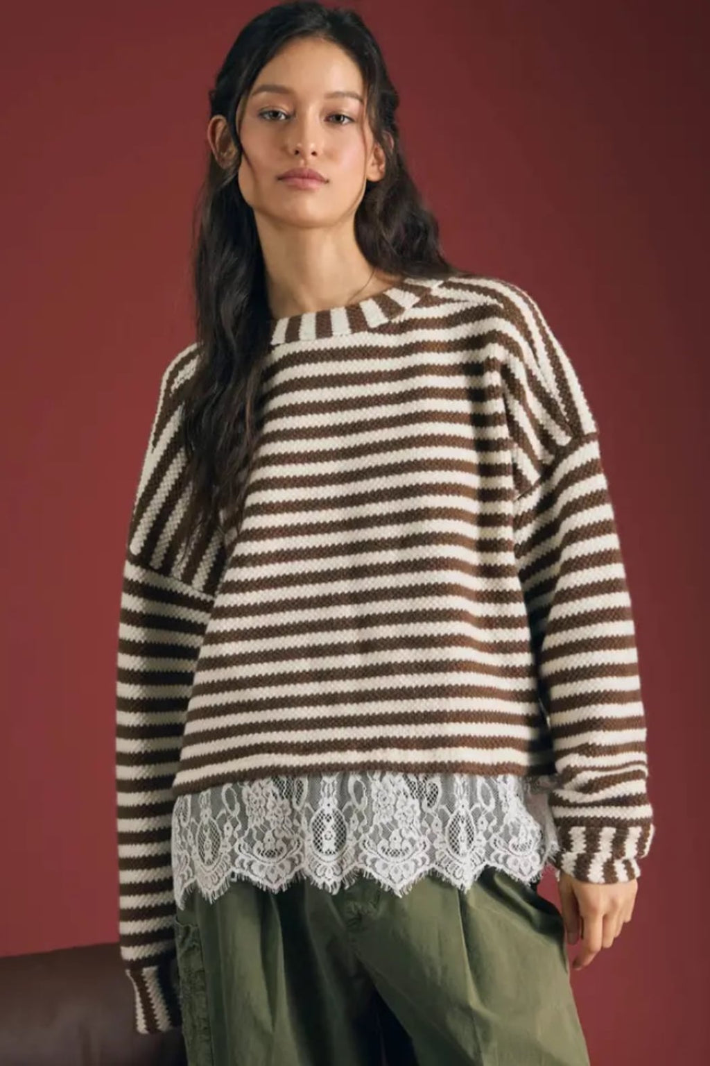 Stripe Lace Hem Top