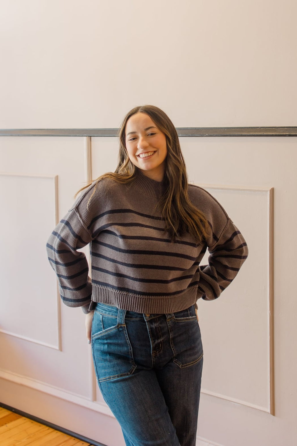Stripe Mock Neck Drop Shoulder Sweater