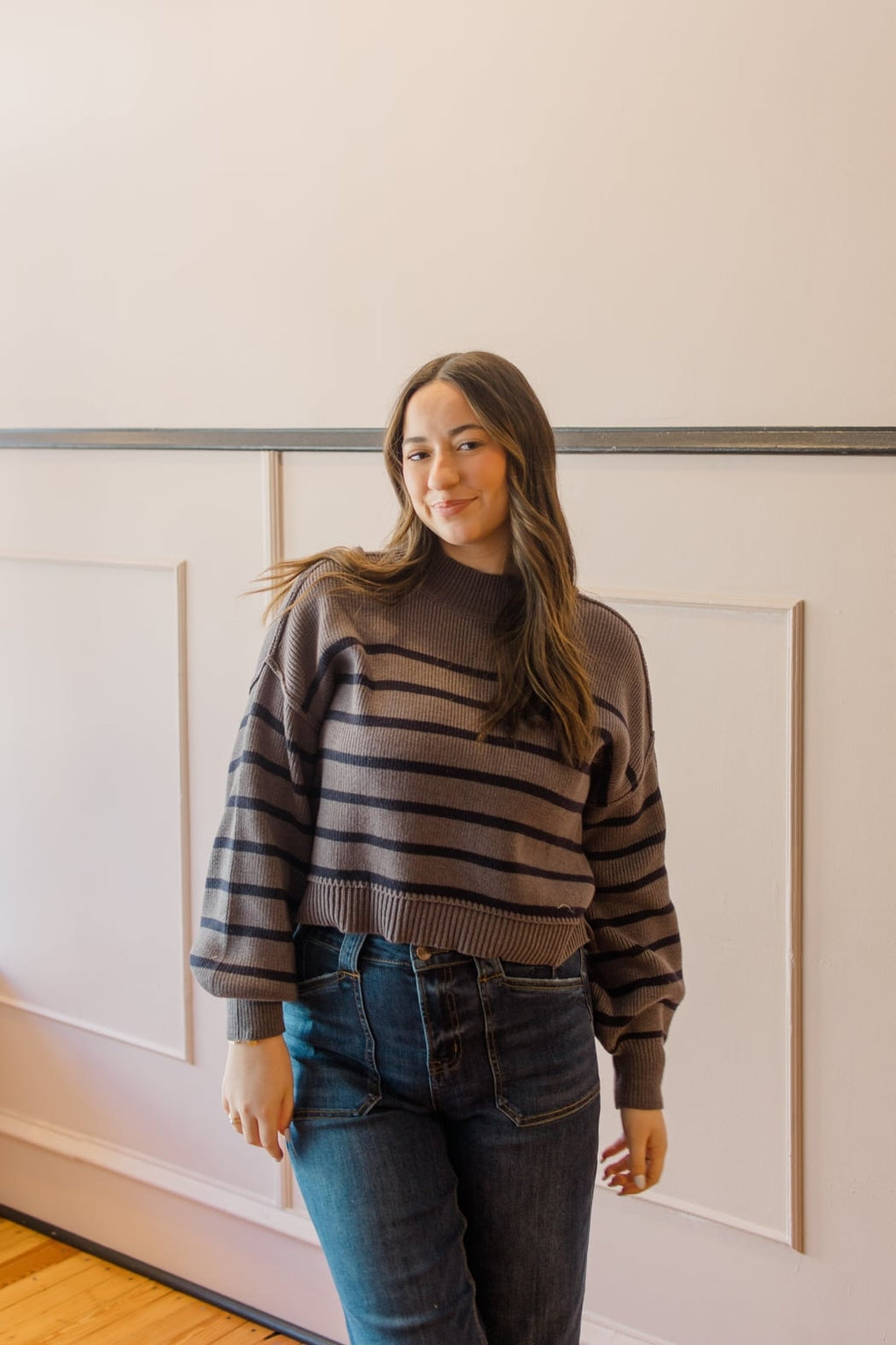 Stripe Mock Neck Drop Shoulder Sweater