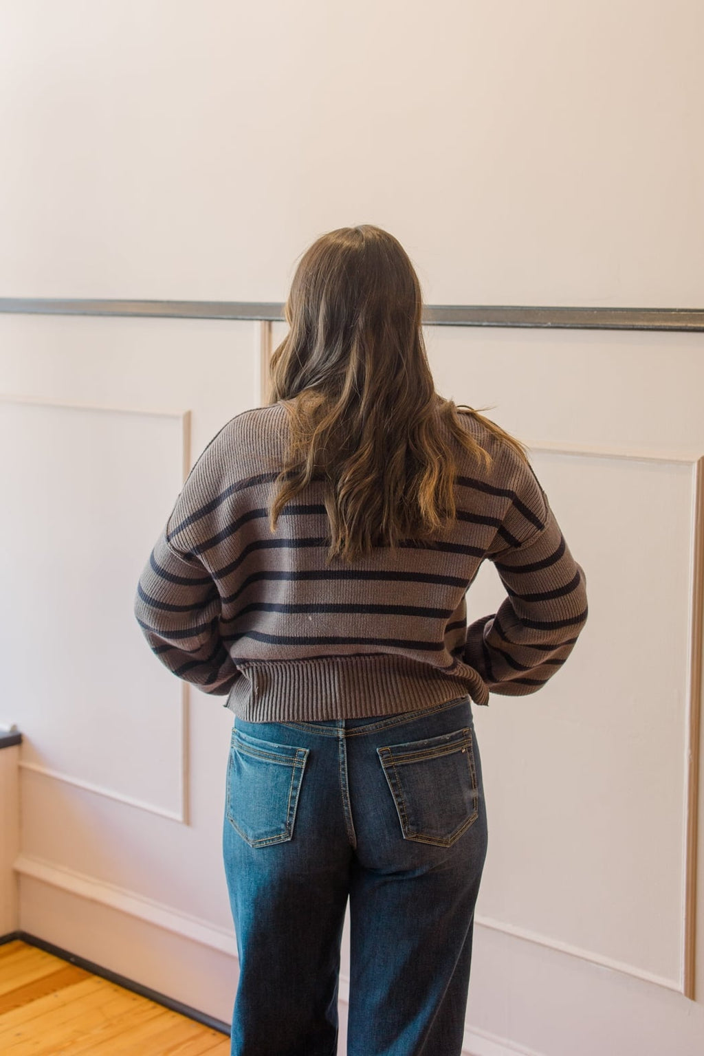 Stripe Mock Neck Drop Shoulder Sweater