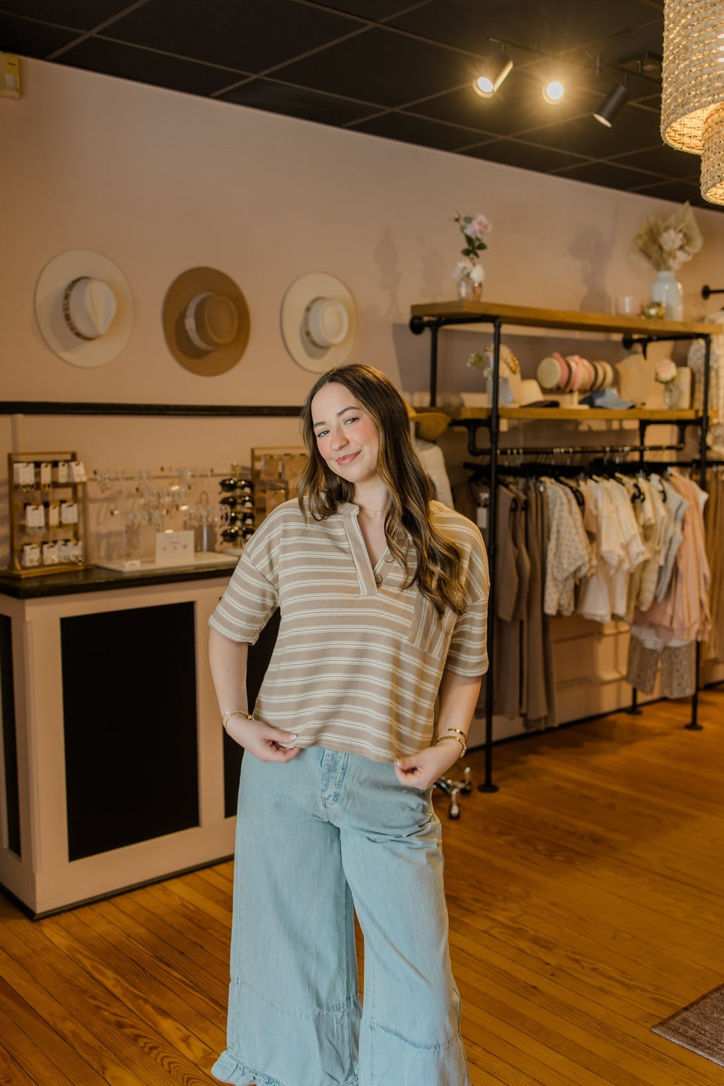 STRIPE Short Sleeve Boxy Henley Knit Top
