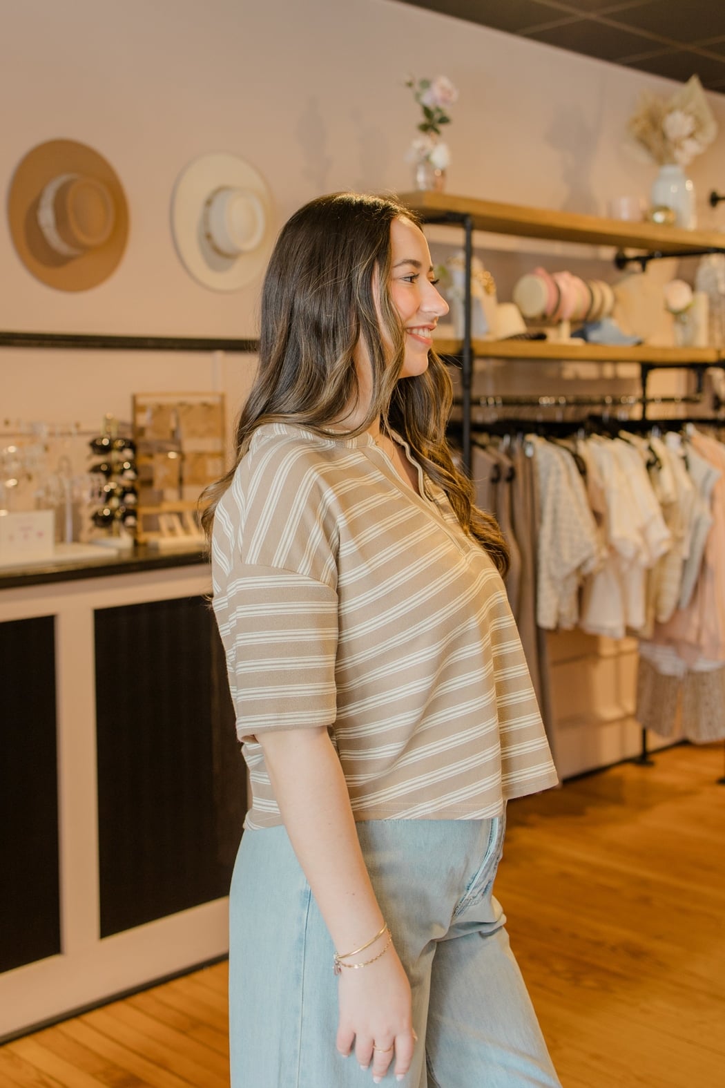 STRIPE Short Sleeve Boxy Henley Knit Top