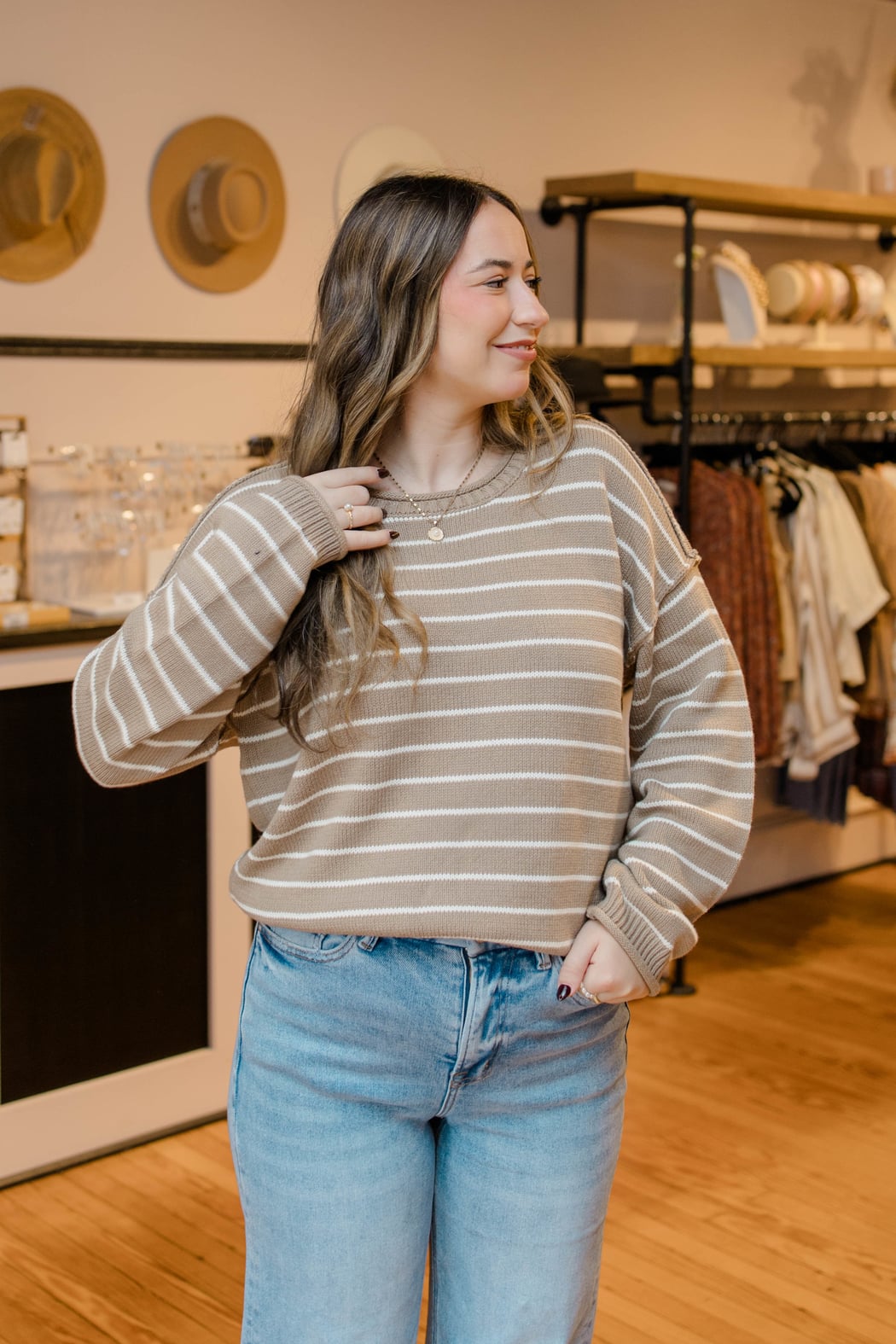 Striped Drop Shoulder Crew Neck Sweater