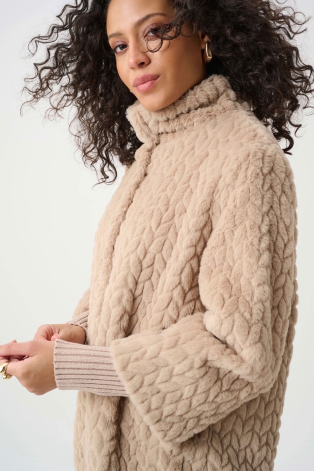 Textured Faux Fur Mock-Neck Coat