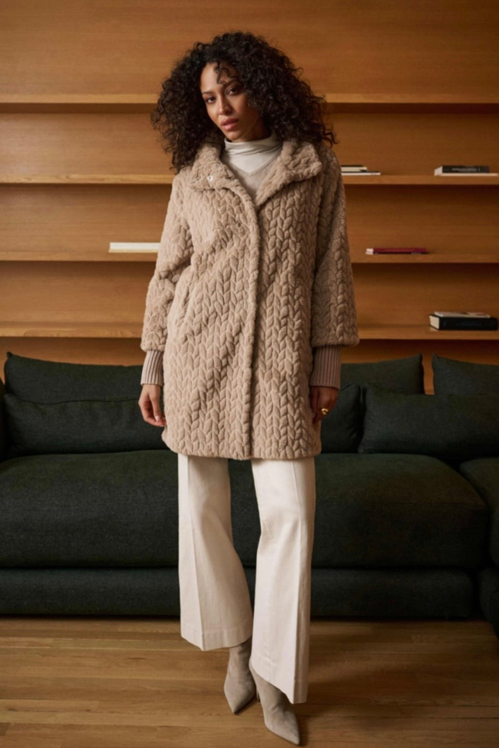 Textured Faux Fur Mock-Neck Coat