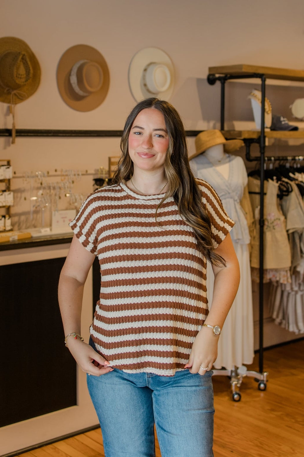Textured Stripe Round Neck Top