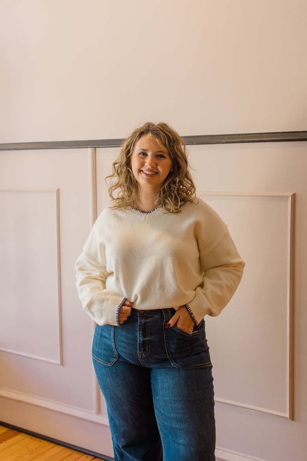 V-Neck Stitch Detail Sweater Top