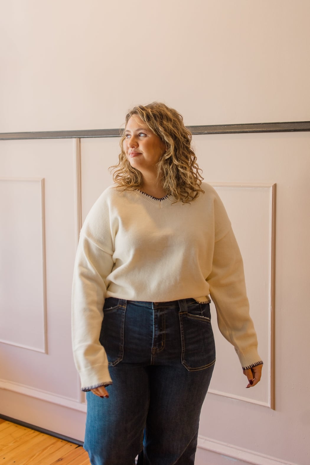 V-Neck Stitch Detail Sweater Top