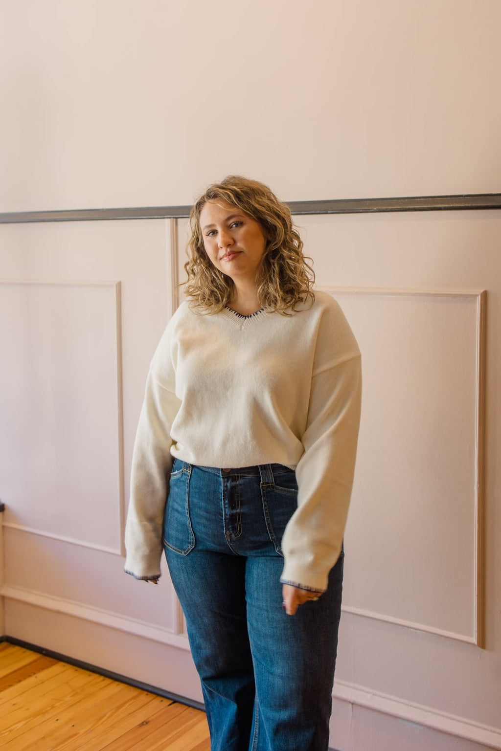 V-Neck Stitch Detail Sweater Top