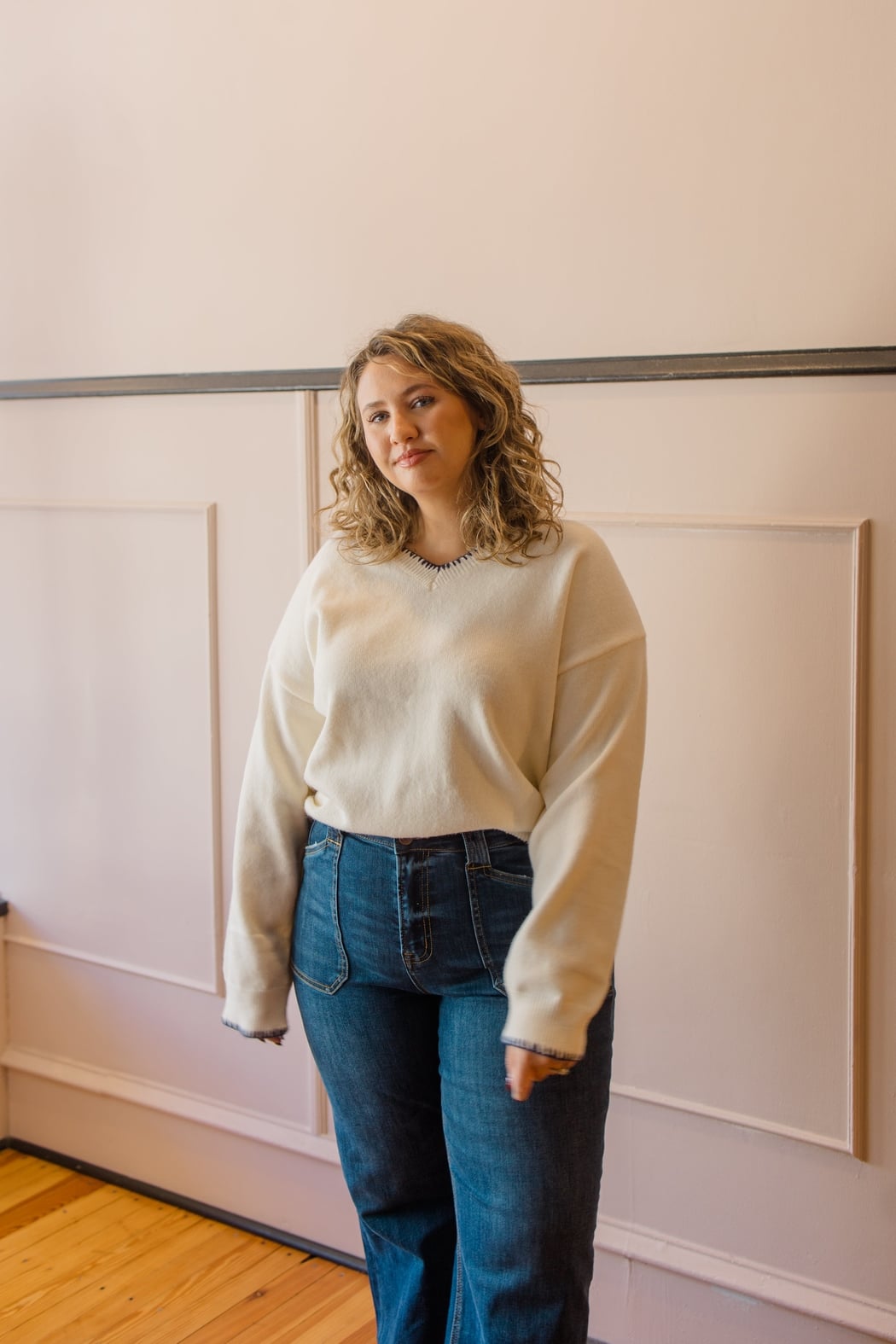 V-Neck Stitch Detail Sweater Top