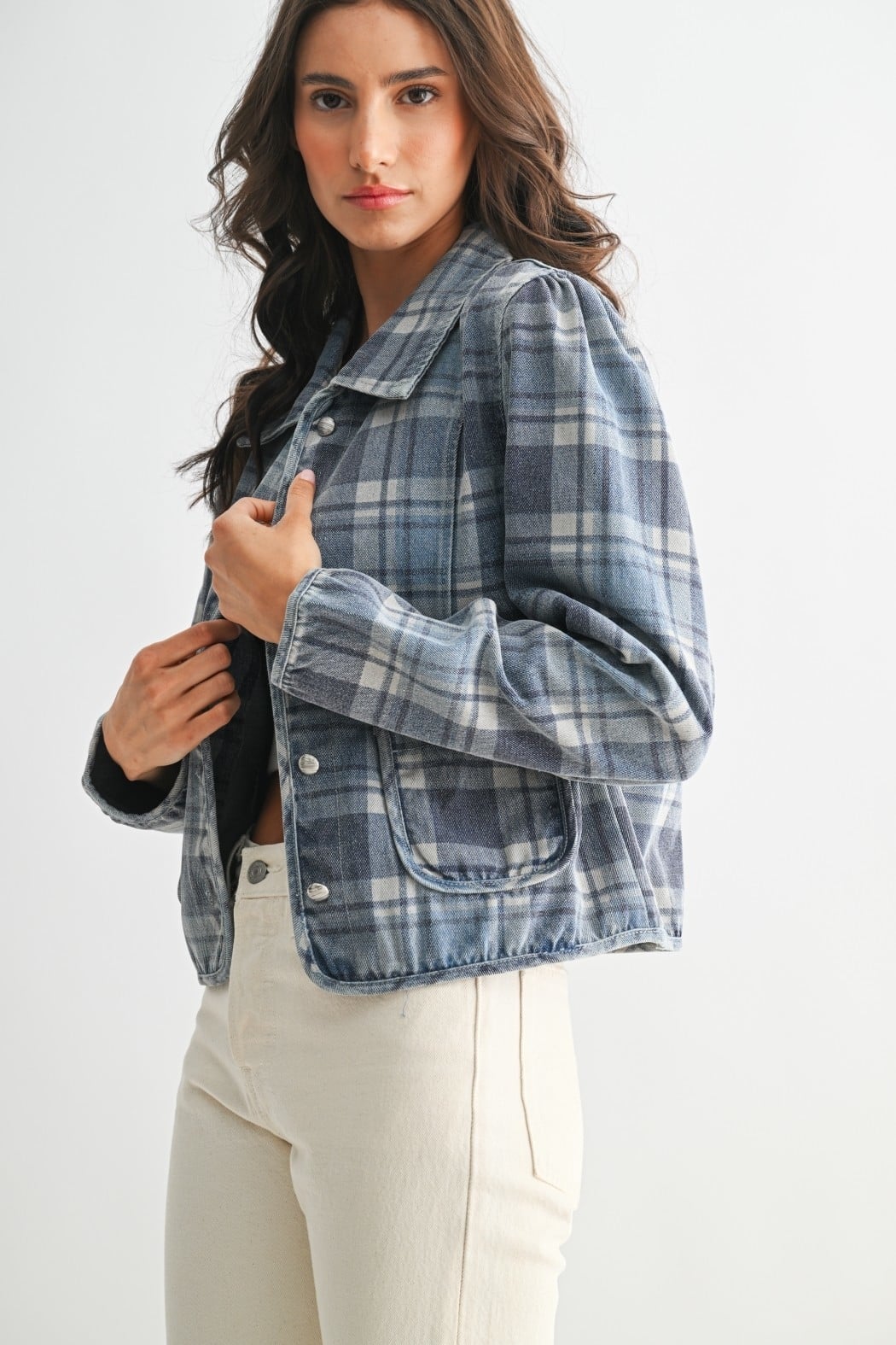 Washed Plaid Denim Jacket