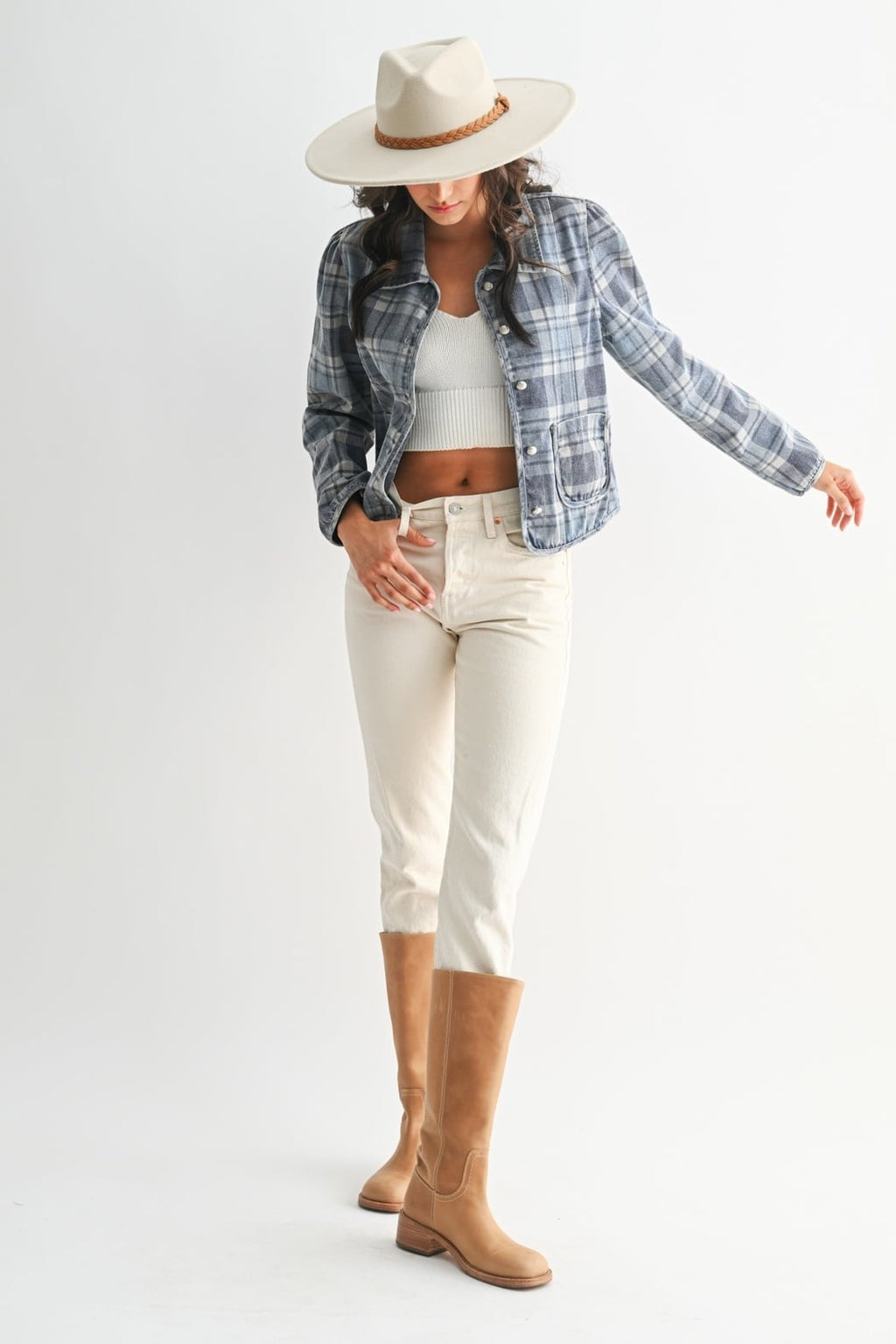 Washed Plaid Denim Jacket