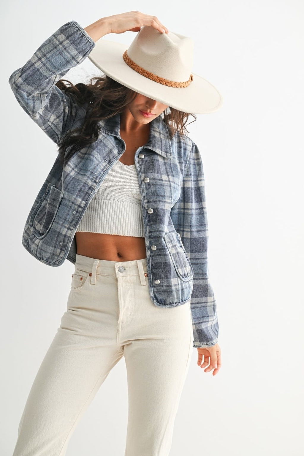 Washed Plaid Denim Jacket
