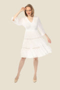 White V-Neck Dress with Crochet Trim and 3/4 Sleeve