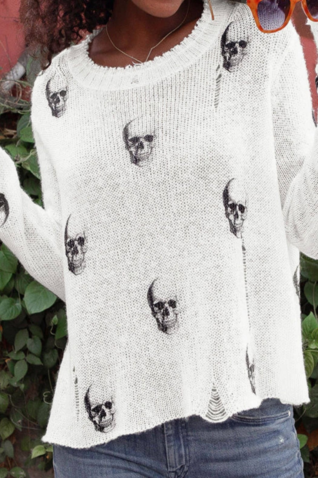 White Woven Sweater with Black Skulls