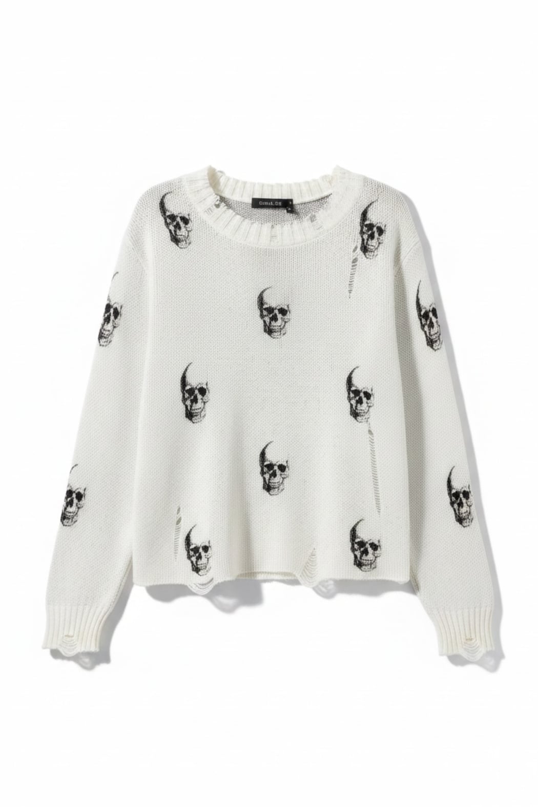 White Woven Sweater with Black Skulls